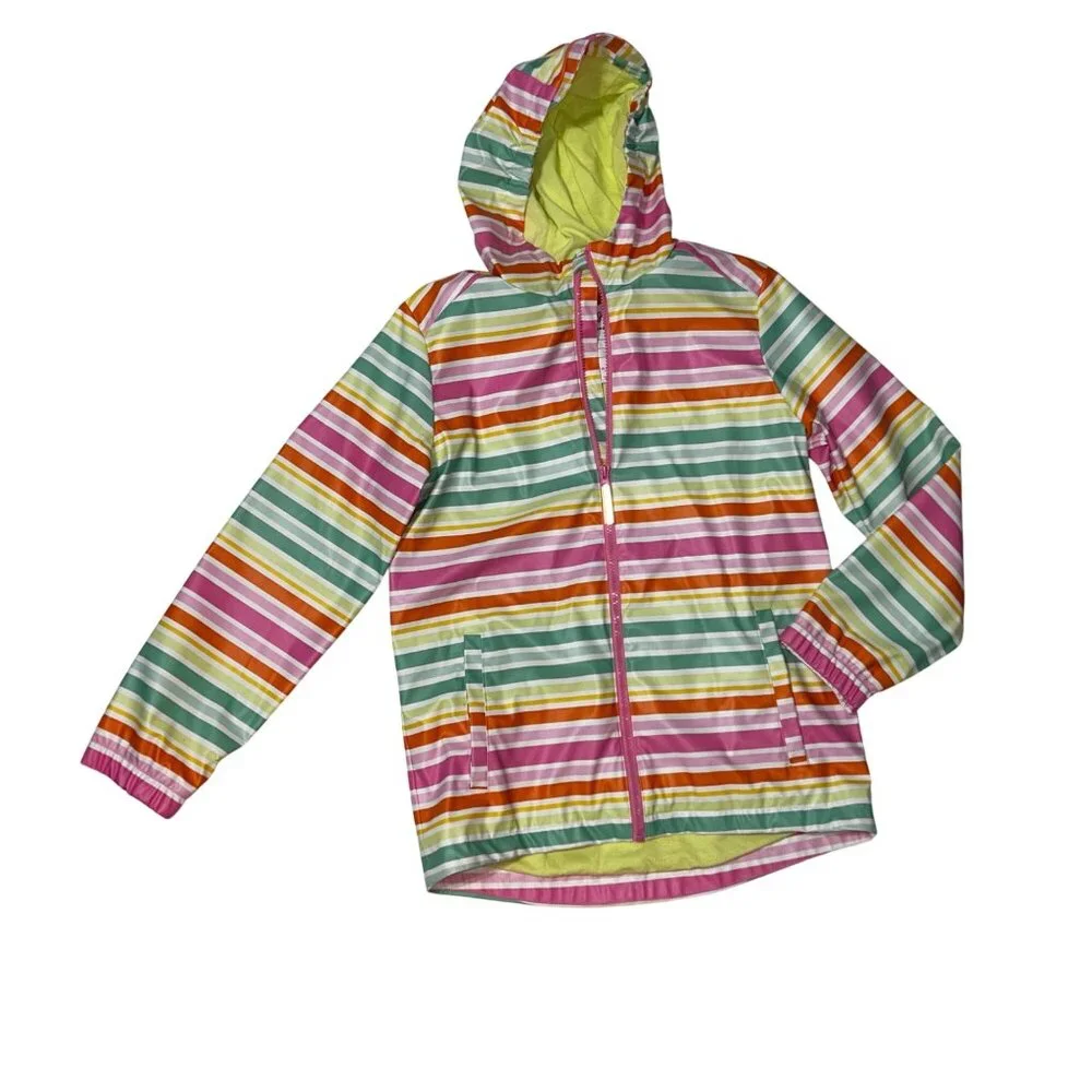 Cat & Jack Girls Hooded Rain Jacket XL 14 Striped Pink Green Orange 1696